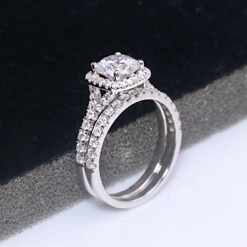 halo diamond ring round brilliant cut 14k white gold 1 carat. moissanite wedding ring set for wedding