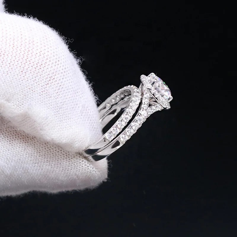halo diamond ring round brilliant cut 14k white gold 1 carat. moissanite wedding ring set for wedding