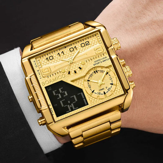 BOAMIGO Top Brand Luxury Fashion Men Watches gold Stainless Steel Sport square Big Quartz Watch for Men  relogio masculino - 4347Louisville