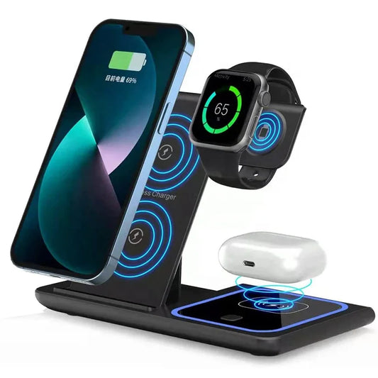 15W 3 in 1 one Foldable Portable Fast wireless Charging station dock Magnetic cell phone Qi Wireless Charger Stand for iPhone - 4347Louisville